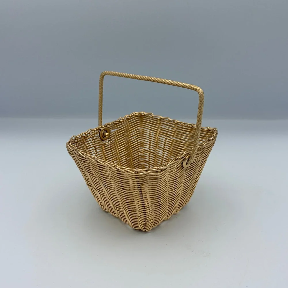 Gold Wire‎ Woven Square Basket With Handle Trinket Candy Storage Organizer